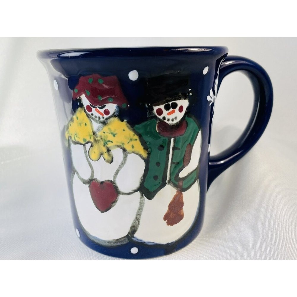 WCL Blue Ceramic Snowman Couple & Snowflakes Winter Mug Vintage Large 18 Ounce
